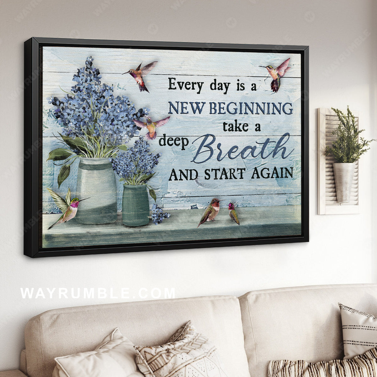 Vintage blue flower, Beautiful hummingbird, Every day is a new beginning - Jesus Landscape Canvas Prints, Christian Wall Art