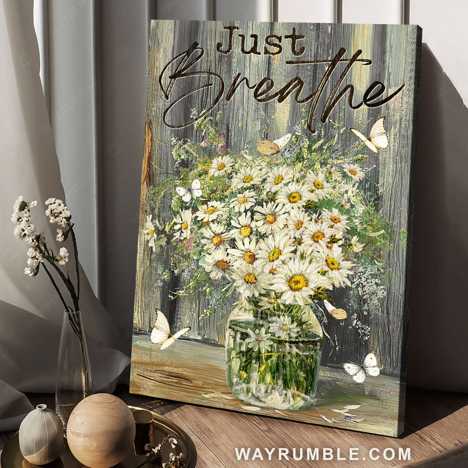 Glass vase, Daisy flower, White flower, Just breathe - Jesus Landscape Canvas Prints, Christian Wall Art