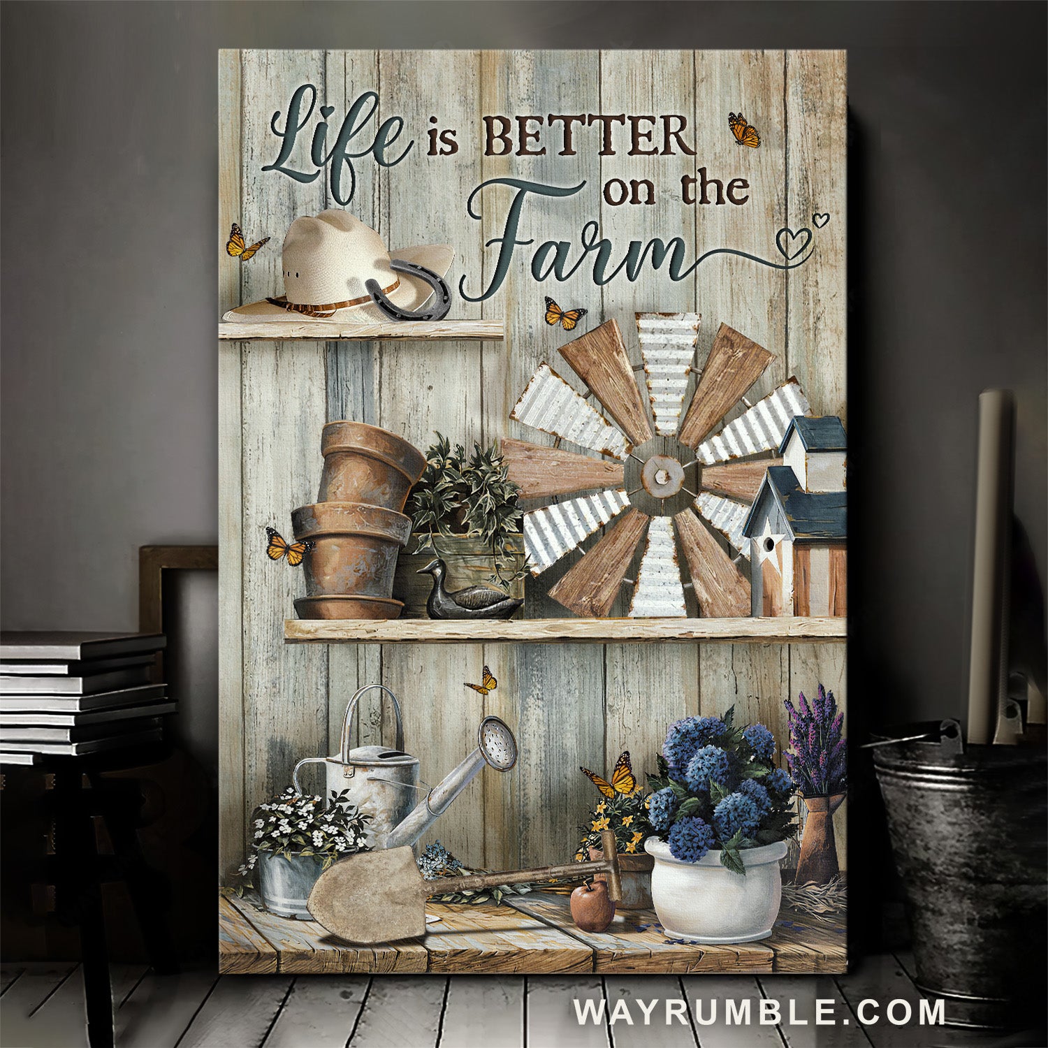 Vintage garden, Blue hydrangea, Windmill, Life is better on the farm - Jesus Portrait Canvas Prints, Home Decor Wall Art