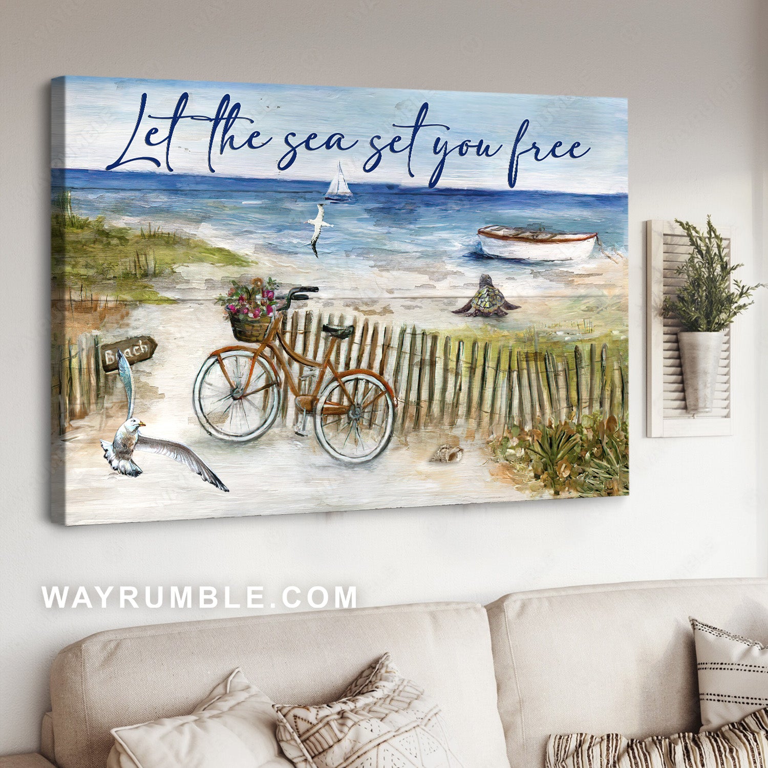 Bicycle drawing, Blue ocean painting, Seagull, Let the sea set you free - Jesus Landscape Canvas Prints, Christian Wall Art