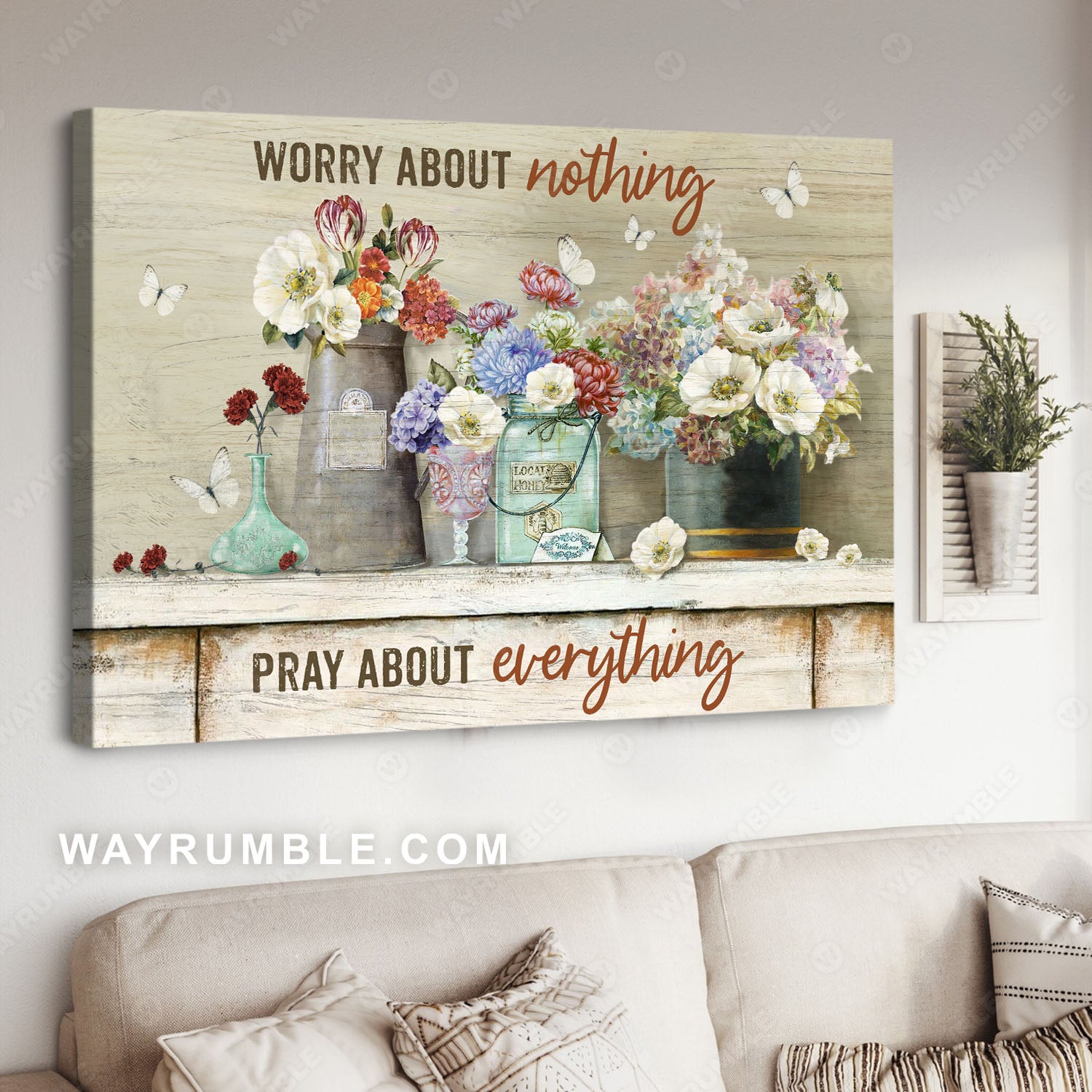 Flower painting, Vintage flower, White butterfly, Pray about everything - Jesus Landscape Canvas Prints, Christian Wall Art