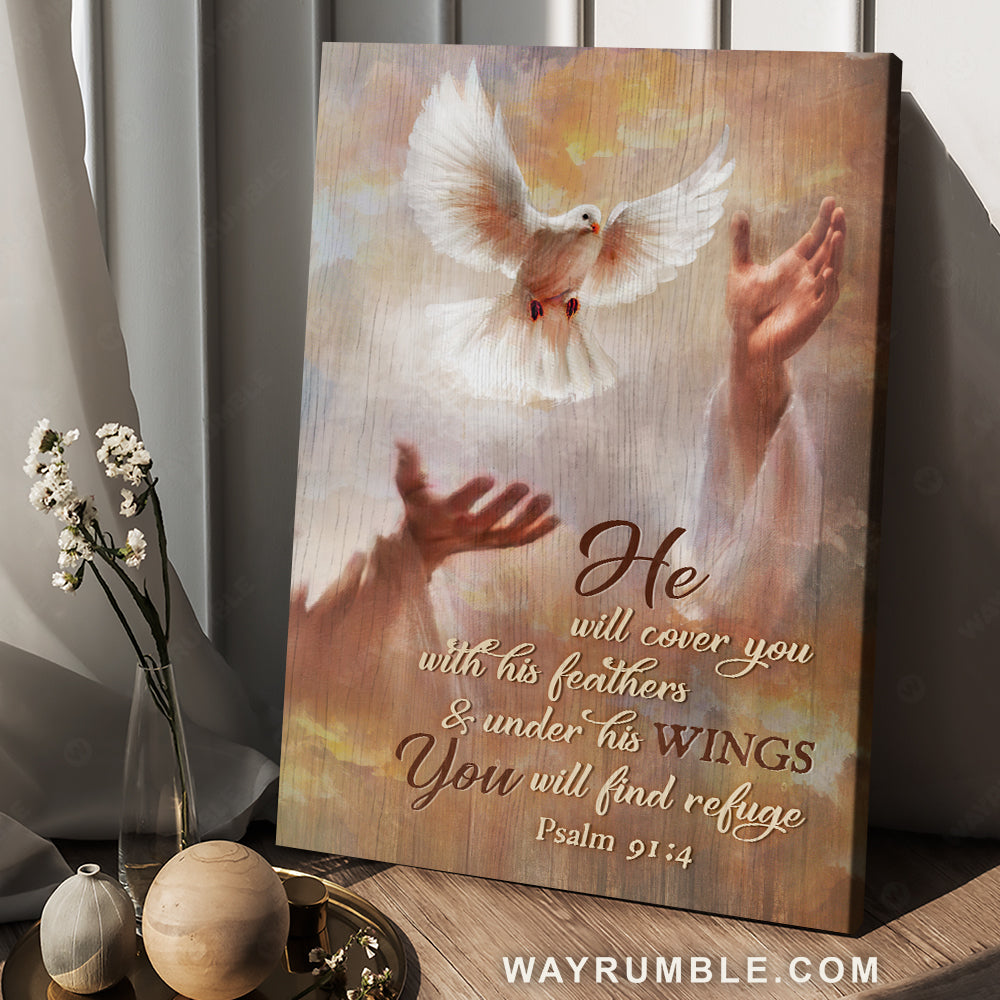 Beautiful dove drawing, Jesus&#39;s hand, He will cover you with his feathers - Jesus Portrait Canvas Prints, Christian Wall Art