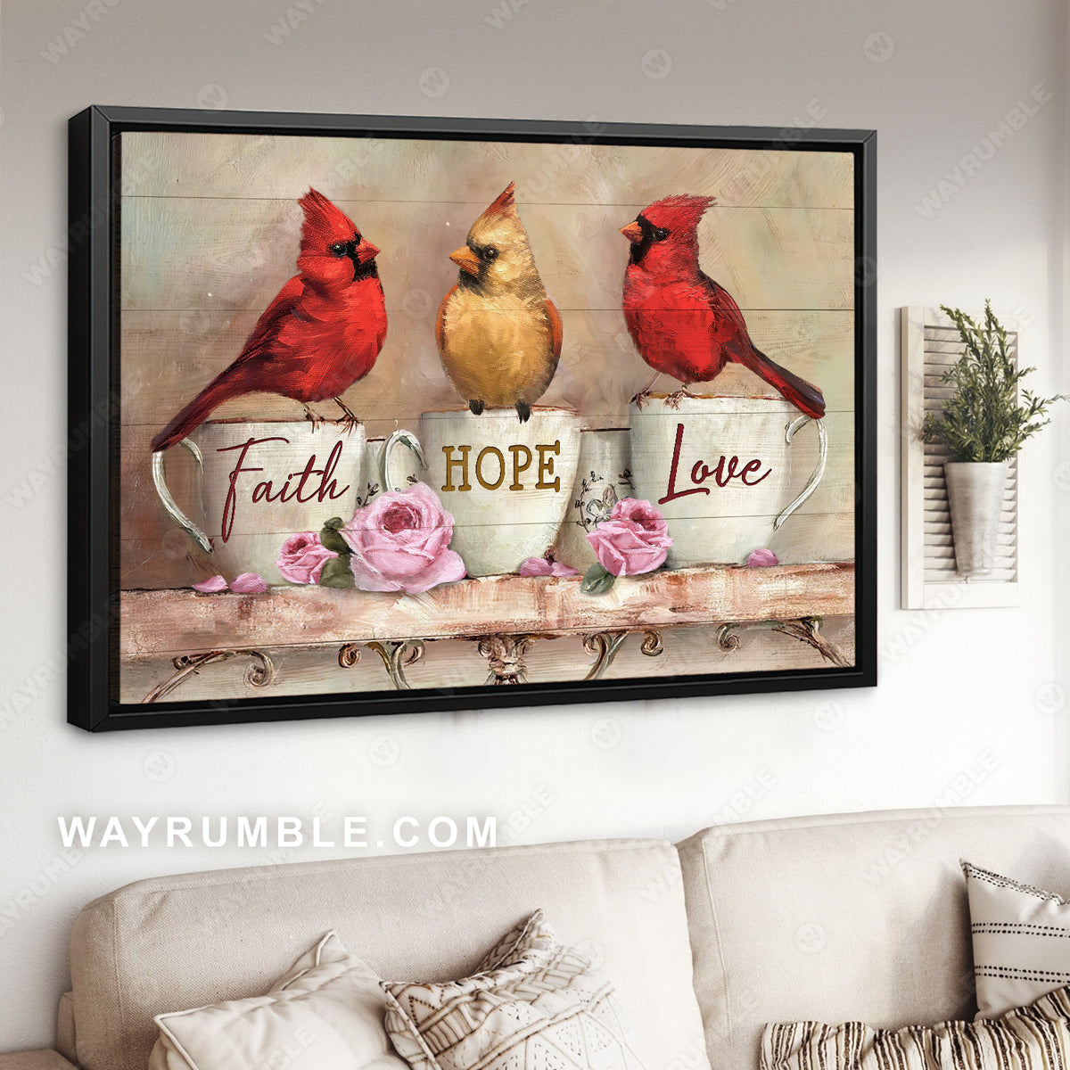 Little cardinal, Vintage cup, Pink rose, Faith Hope Love - Jesus Landscape Canvas Prints, Christian Wall Art