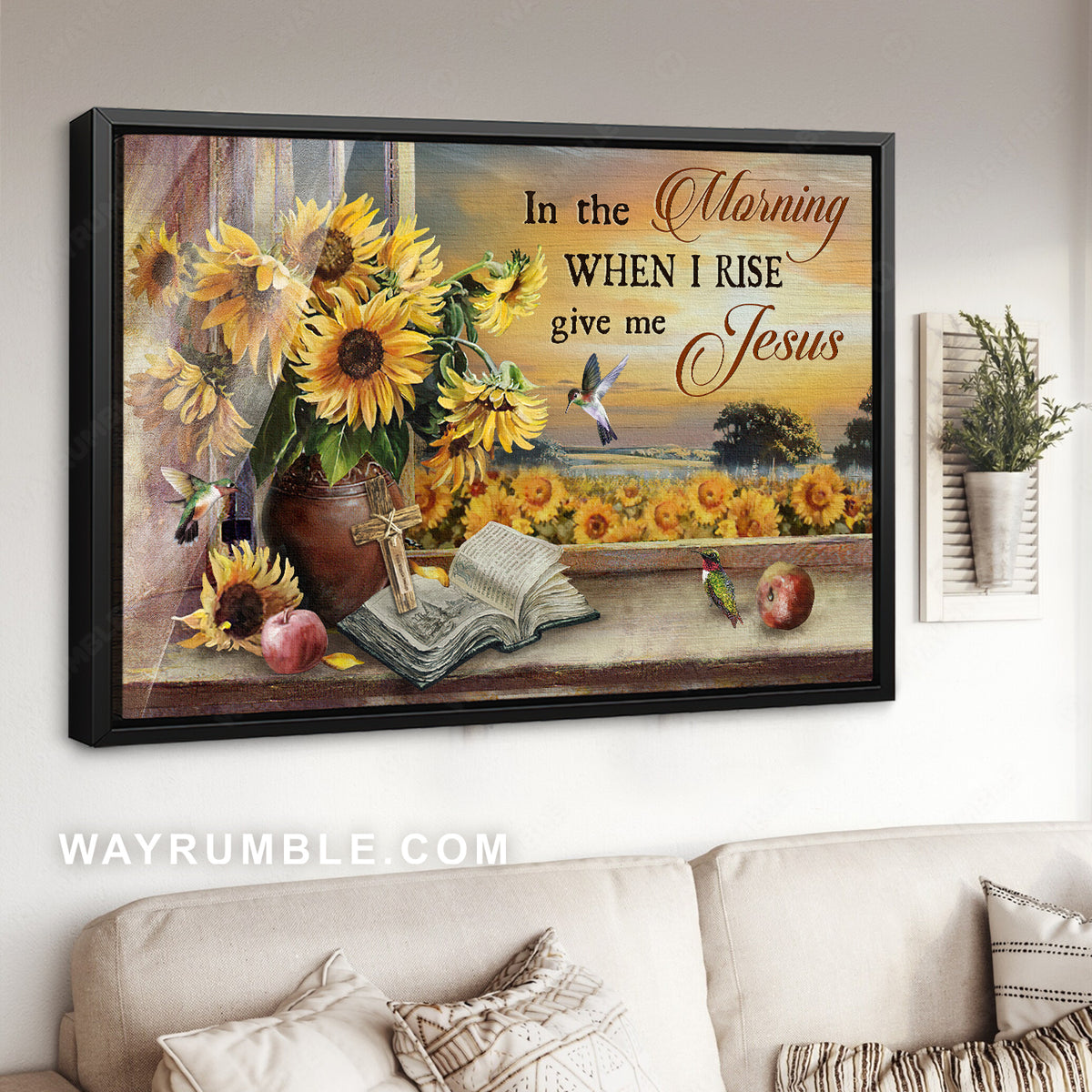 Pretty sunflower field, Sunset painting, Hummingbird, In the morning when I rise - Jesus Landscape Canvas Prints, Christian Wall Art