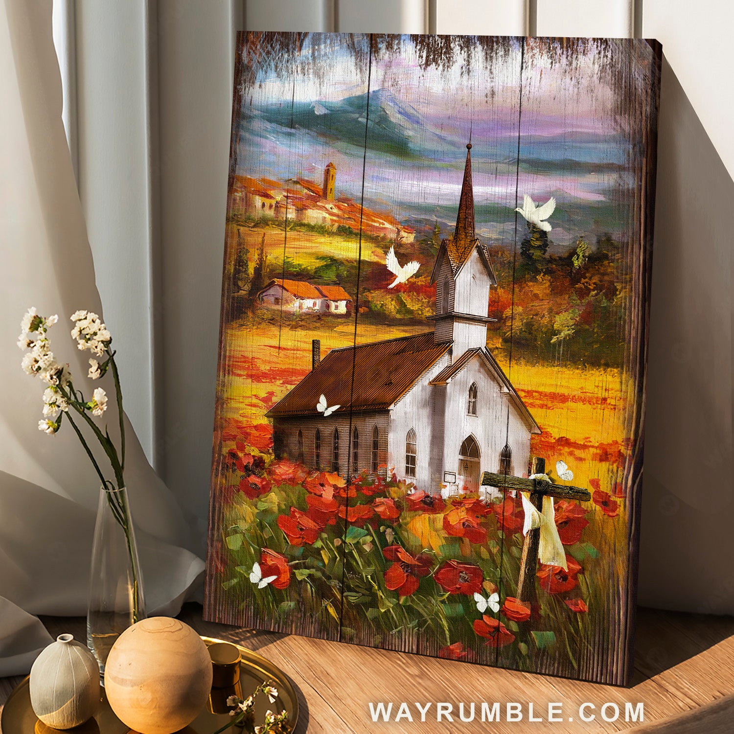 Colorful scene, Antique church, Stunning poppy field - Jesus Portrait Canvas Prints, Home Decor Wall Art