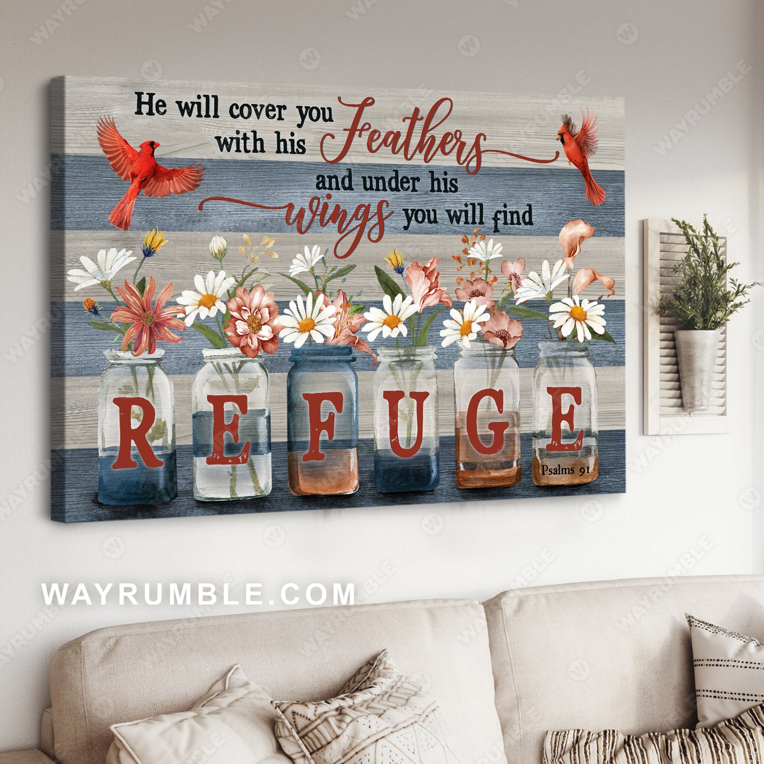 Elegant flowers, Glass bottle, Northern cardinal, He will cover you - Jesus Landscape Canvas Prints, Christian Wall Art