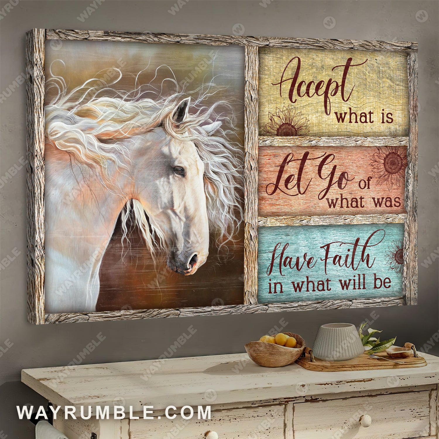 Beautiful white horse, Wooden frame, Pastel background, Have faith in what will be - Jesus Landscape Canvas Prints, Wall Art