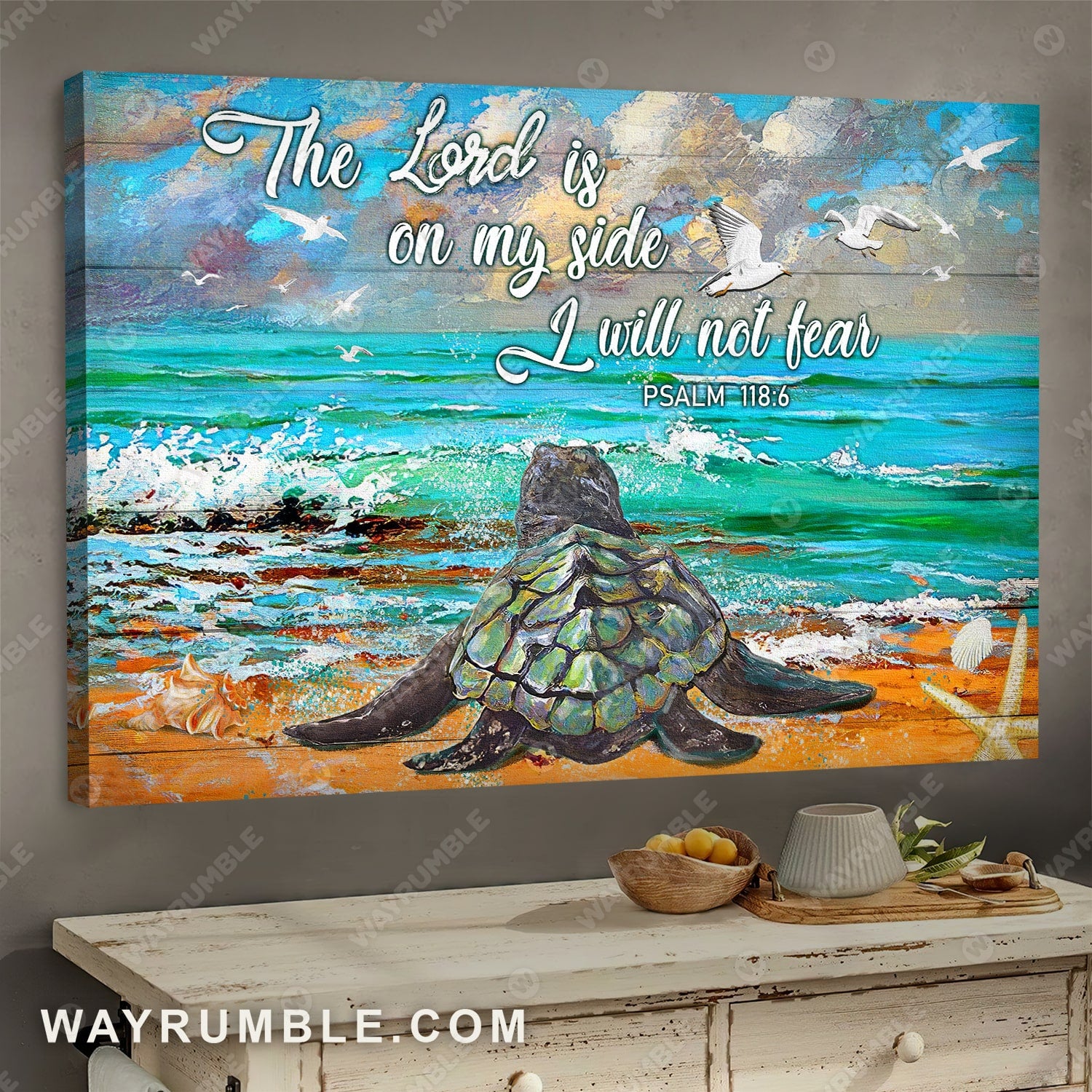 Sea turtle, Sand beach painting, The Lord is on my side I will not fear - Jesus Landscape Canvas Prints, Wall Art