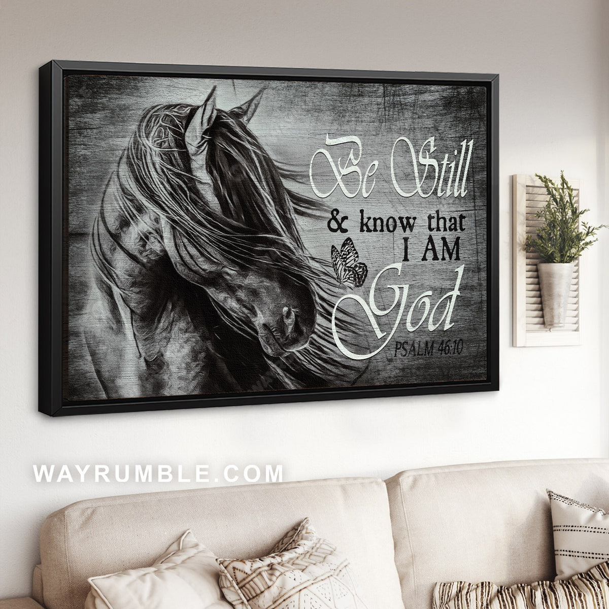 Black and white painting, Stunning horse, Be still and know that I am God - Jesus Landscape Canvas Prints, Christian Wall Art
