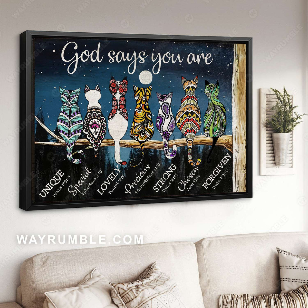 Cat painting, Under the night sky, Full moon painting, God says you are - Jesus Landscape Canvas Prints, Christian Wall Art
