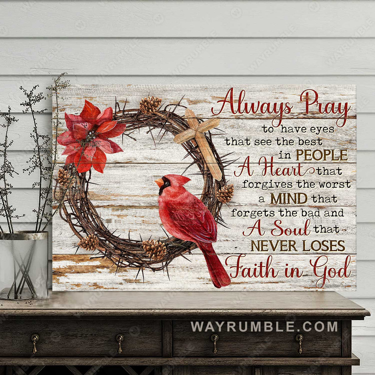 Poinsettia flower wreath, Red cardinal, Never loses faith in God - Jesus Landscape Canvas Prints, Home Decor Wall Art
