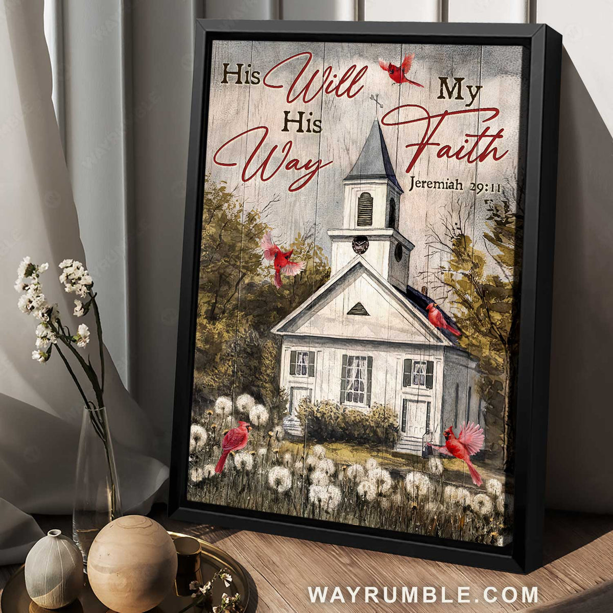 White church, Dandelion garden, Cardinal, His will, His way, My faith - Jesus Portrait Canvas Prints, Home Decor Wall Art