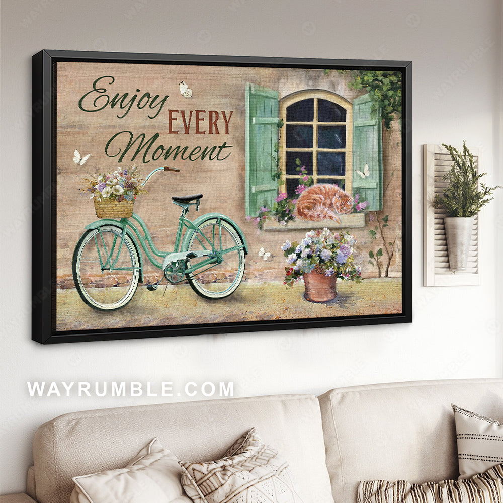 Green bicycle, Vintage window, Pretty flower, Enjoy every moment - Jesus Landscape Canvas Prints, Christian Wall Art