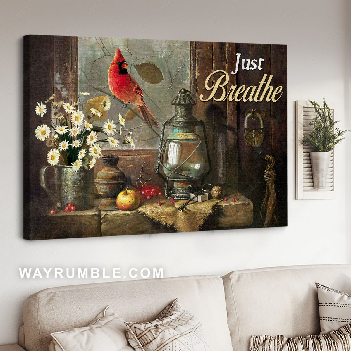 Red cardinal, White daisy, Kerosene lamp, Just breathe - Jesus Landscape Canvas Prints, Christian Wall Art