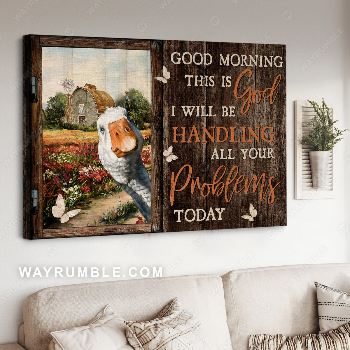 Cute goose, Pretty flower field, Good morning, This is God - Jesus Landscape Canvas Prints, Christian Wall Art