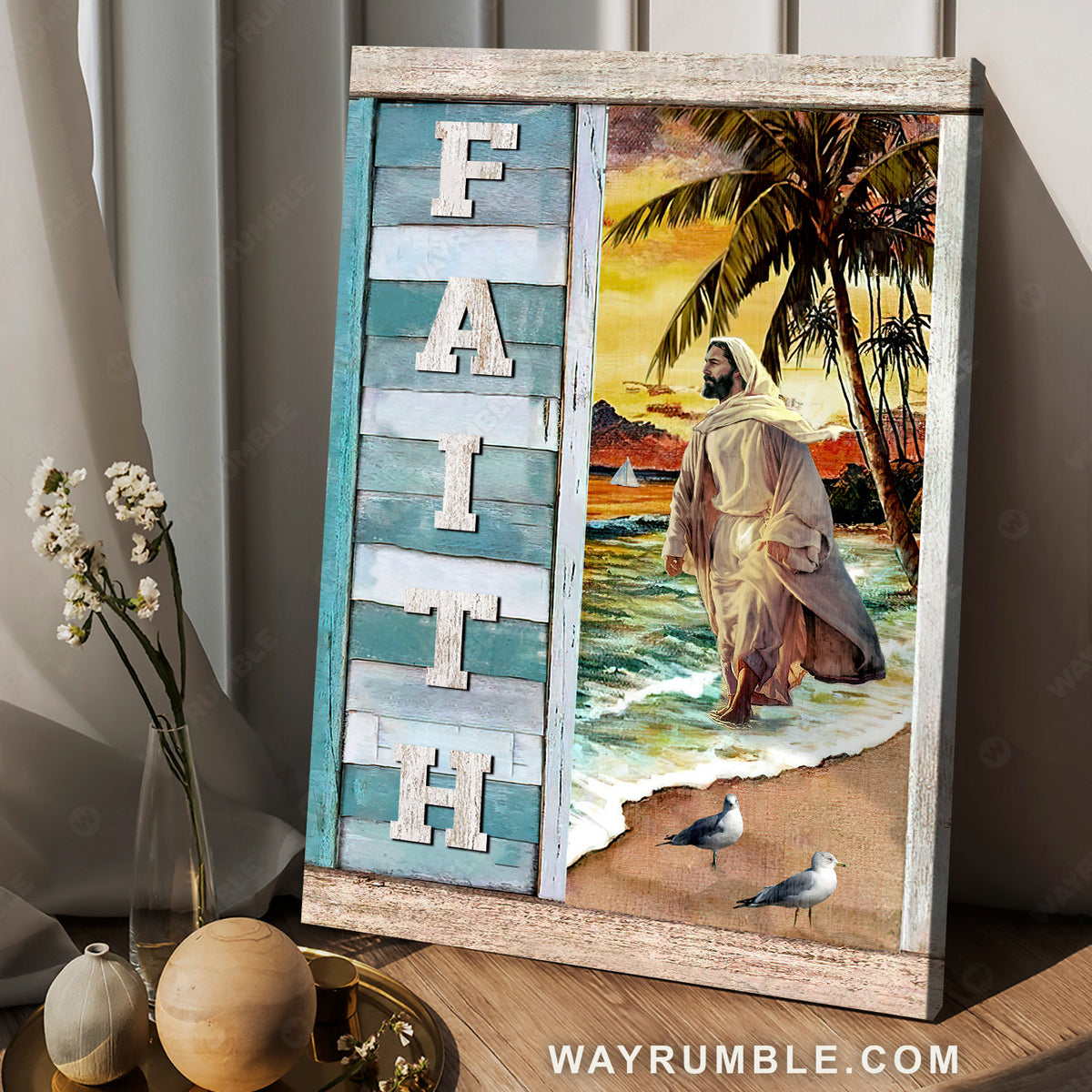 Jesus walking on water, Orange sunset, Beautiful seagull, Faith - Jesus Portrait Canvas Prints, Christian Wall Art