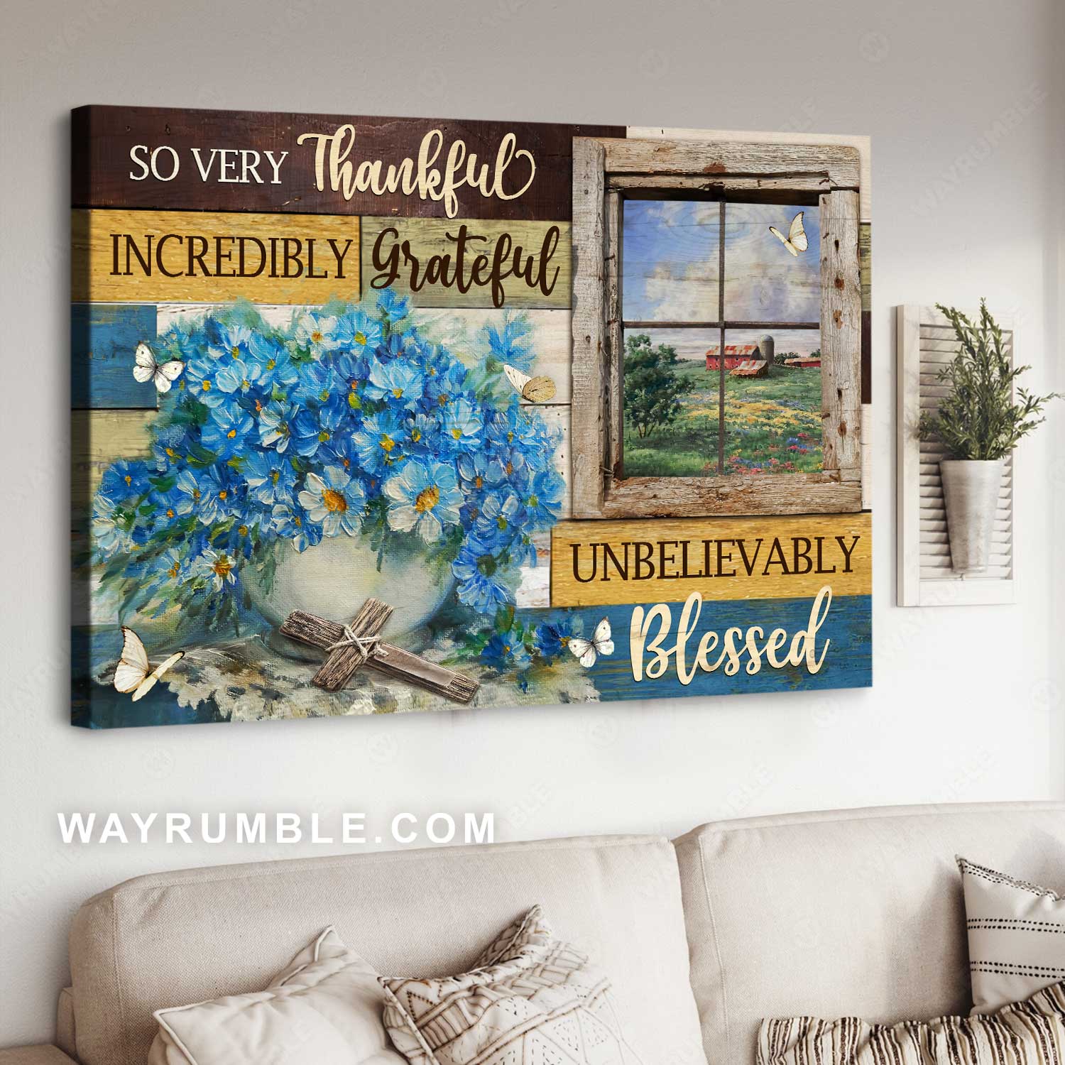 Watercolor baby flower, Beautiful field, Wooden cross, So very thankful - Jesus Landscape Canvas Prints, Home Decor Wall Art