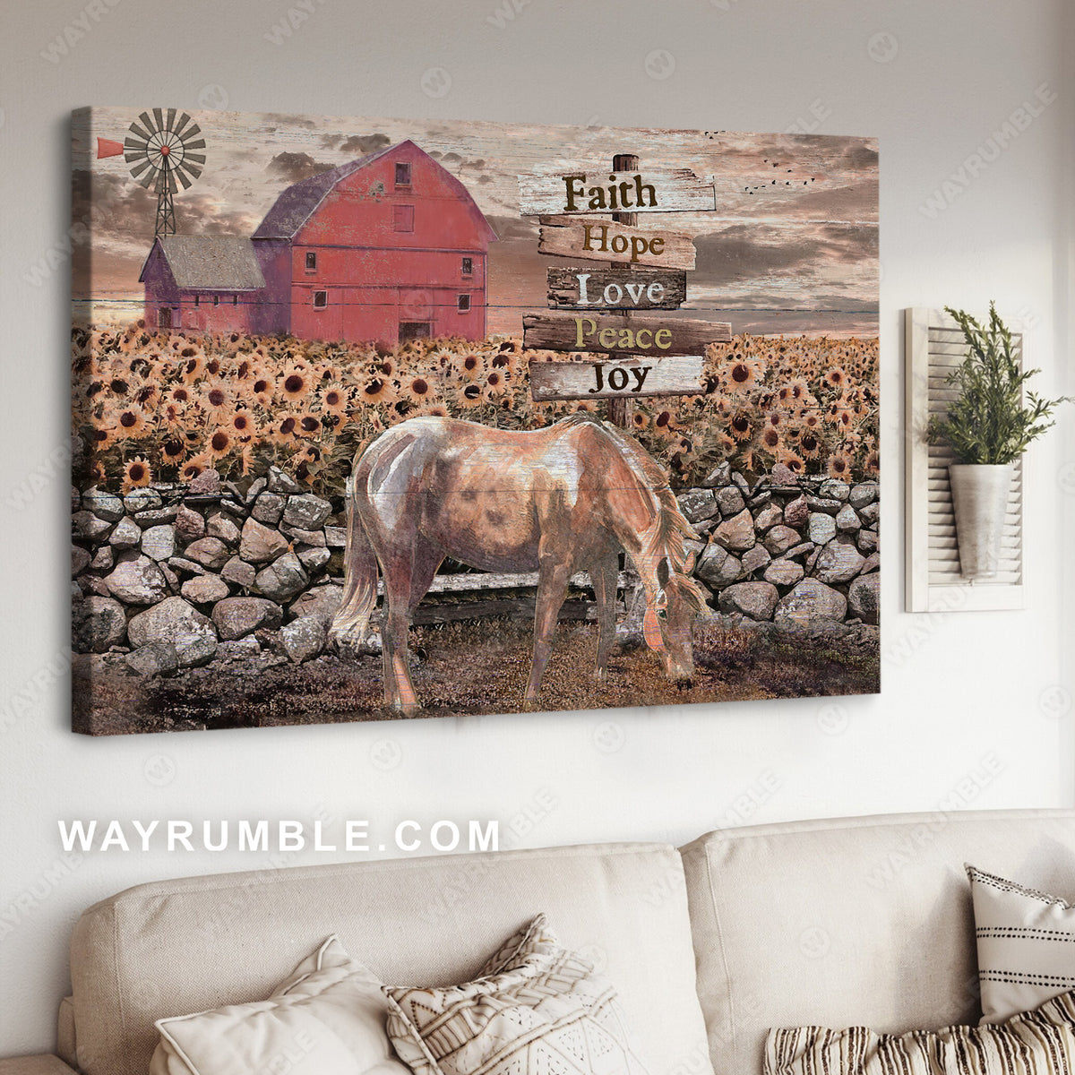 Sunflower farm, Brown horse, Red house, Faith, Hope, Love - Jesus Landscape Canvas Prints, Christian Wall Art