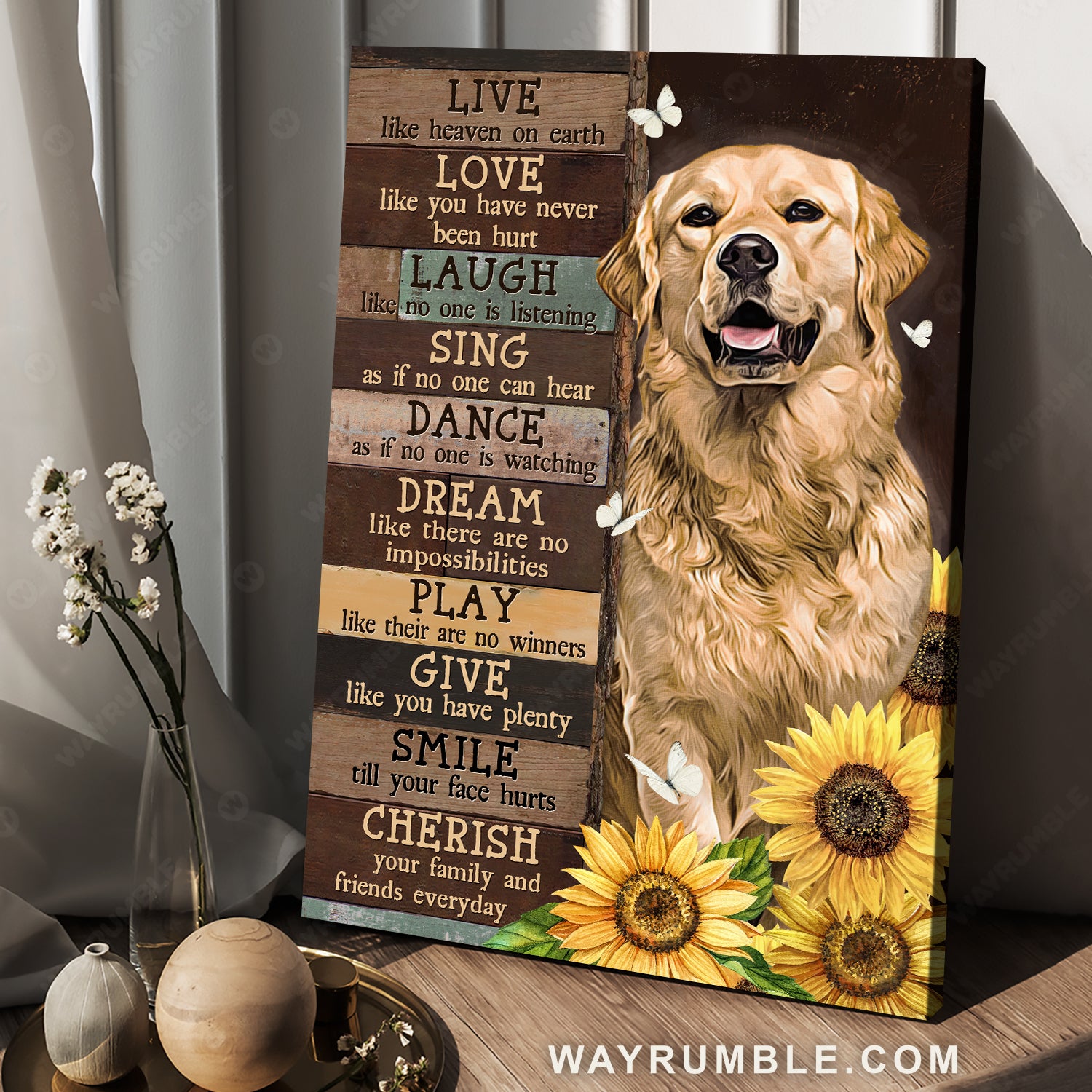 Golden Retriever dog, Sunflower drawing, Butterfly, Live like heaven on earth - Jesus Portrait Canvas Prints, Home Decor Wall Art
