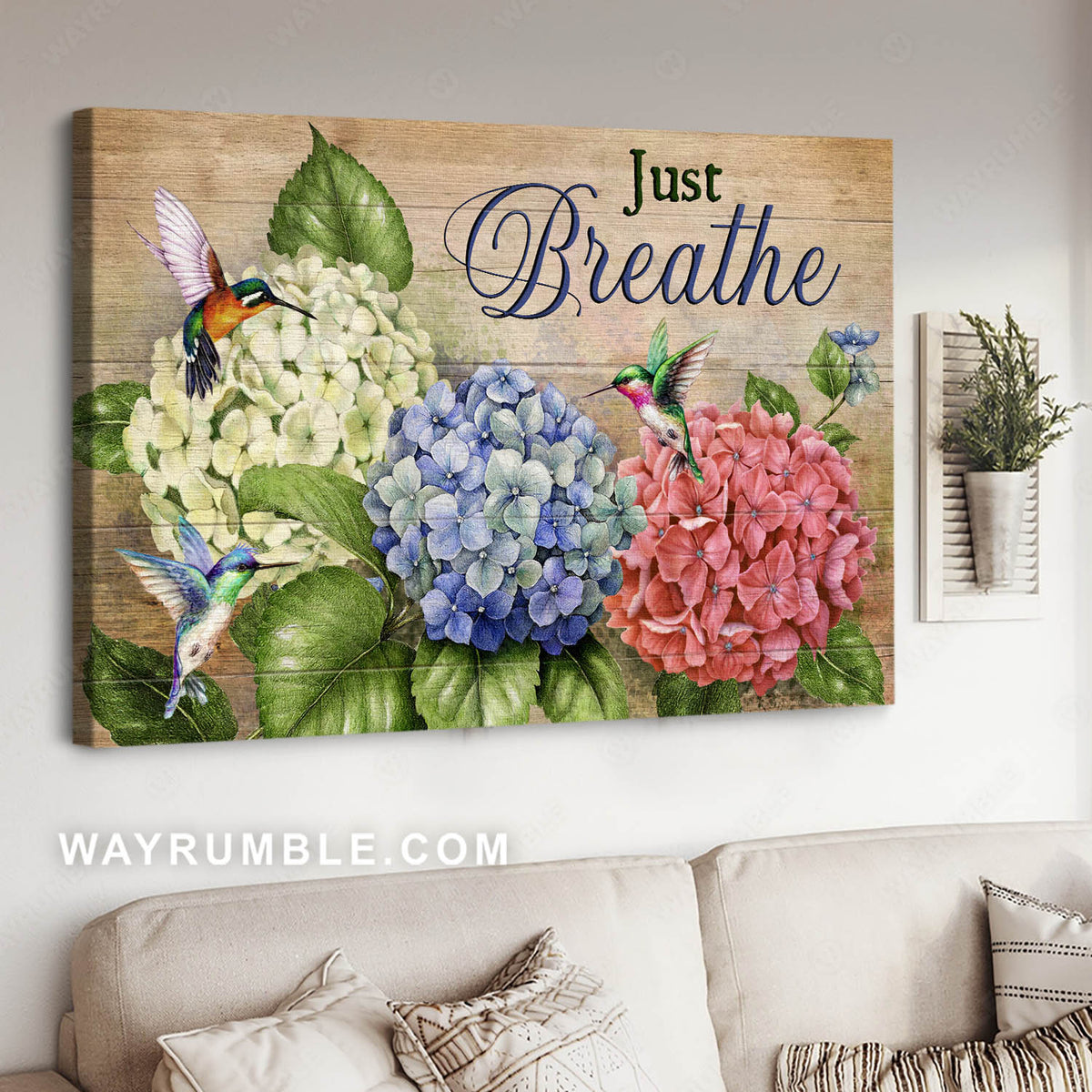 Blue hydrangea, Pink hydrangea, White hydrangea, Green hummingbirds. Just breathe - Jesus Landscape Canvas Prints, Christian Wall Art