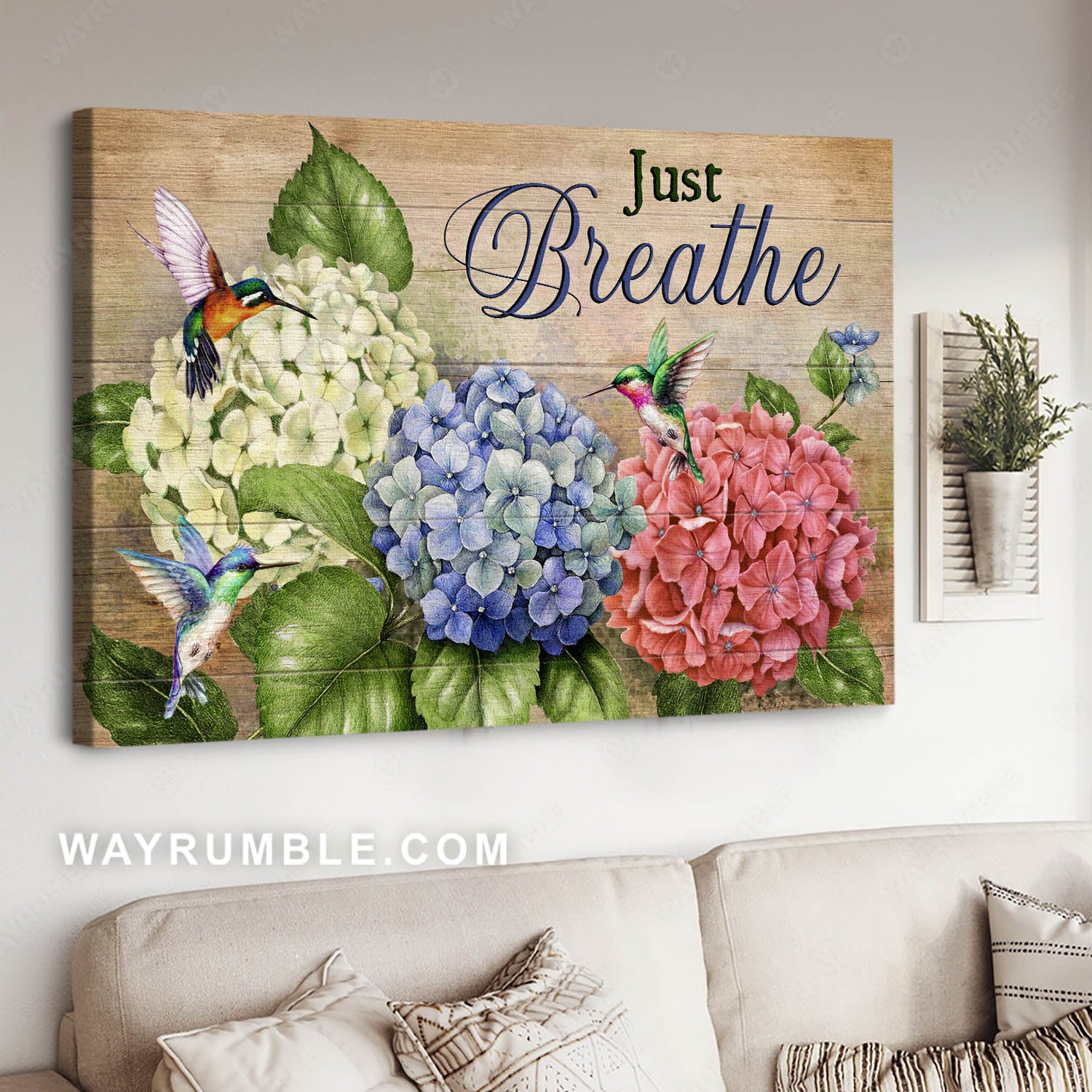 Blue hydrangea, Pink hydrangea, White hydrangea, Green hummingbirds. Just breathe - Jesus Landscape Canvas Prints, Christian Wall Art
