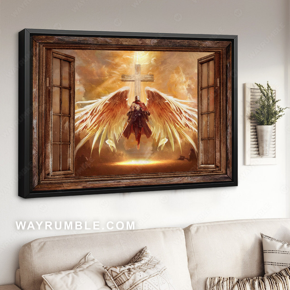 Golden wings, Warrior painting, Cross symbol, Infinite halo - Jesus Landscape Canvas Prints, Christian Wall Art