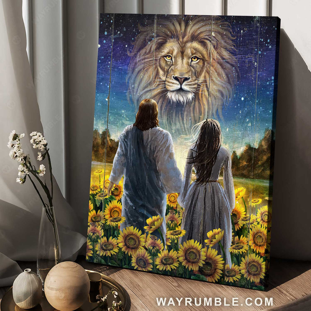Walking with Jesus, Stunning lion, Beautiful sunflower field - Jesus Portrait Canvas Prints, Christian Wall Art