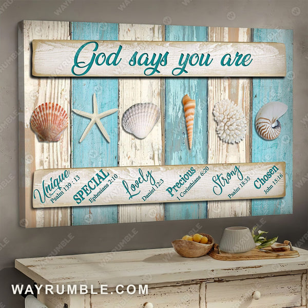 Seashells, God says you are unique - Jesus Landscape Canvas Prints, Wa ...