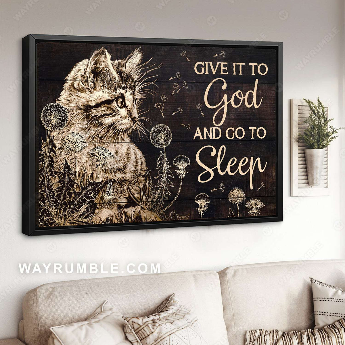 Cat painting, Dandelion, Black background, Give it to God and go to sleep - Jesus Landscape Canvas Prints, Christian Wall Art