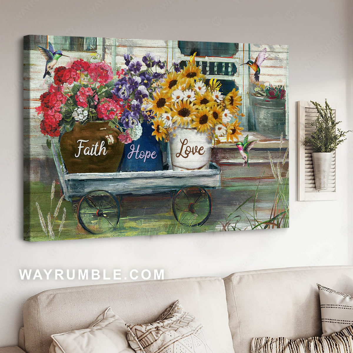 Purple pansy, Sunflowers and daisies,, Red hydrangea, Flower vases, Faith hope love - Jesus Landscape Canvas Prints, Christian Wall Art