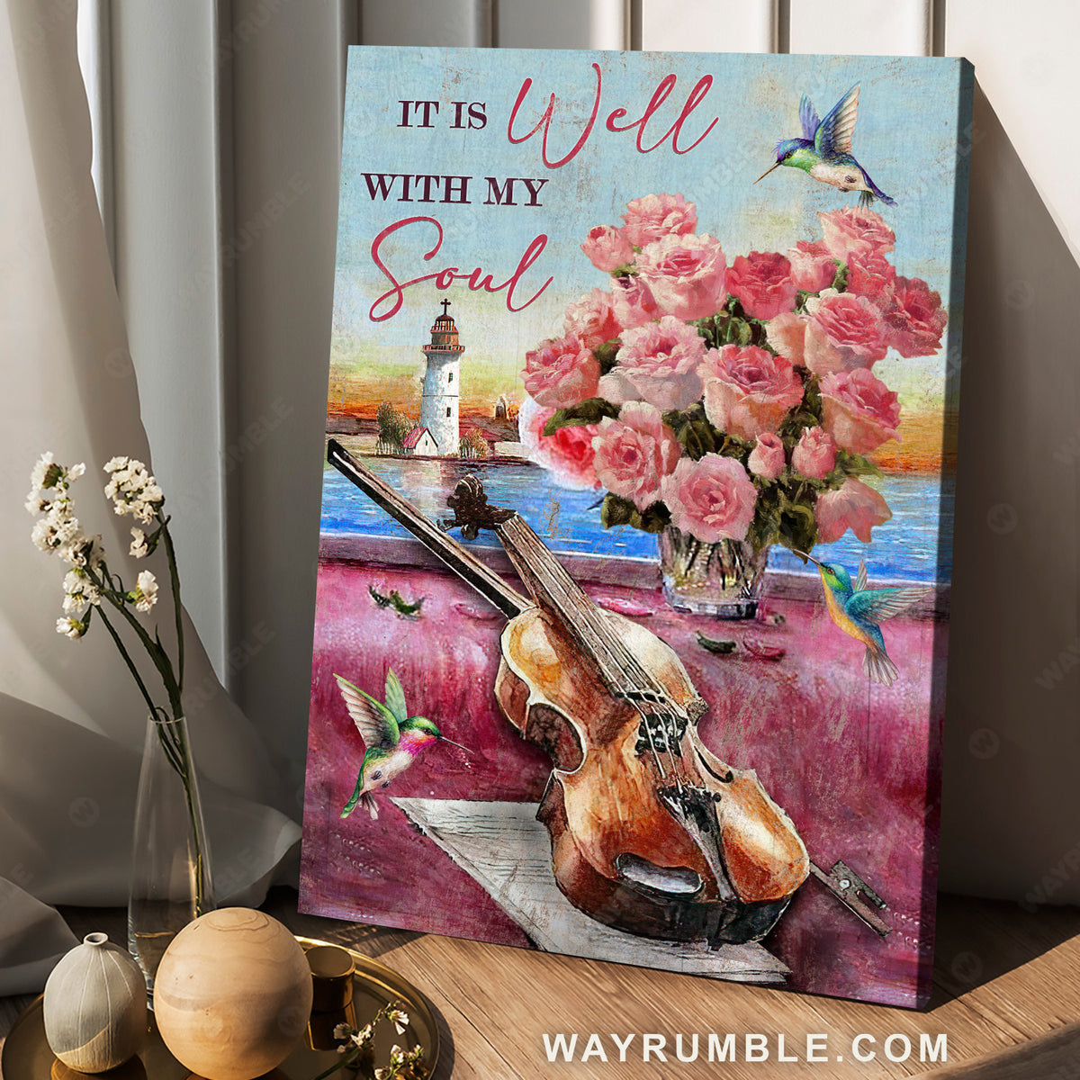 Watercolor guitar, Pretty rose vase, Pink background, It is well with my soul - Jesus Portrait Canvas Prints, Christian Wall Art