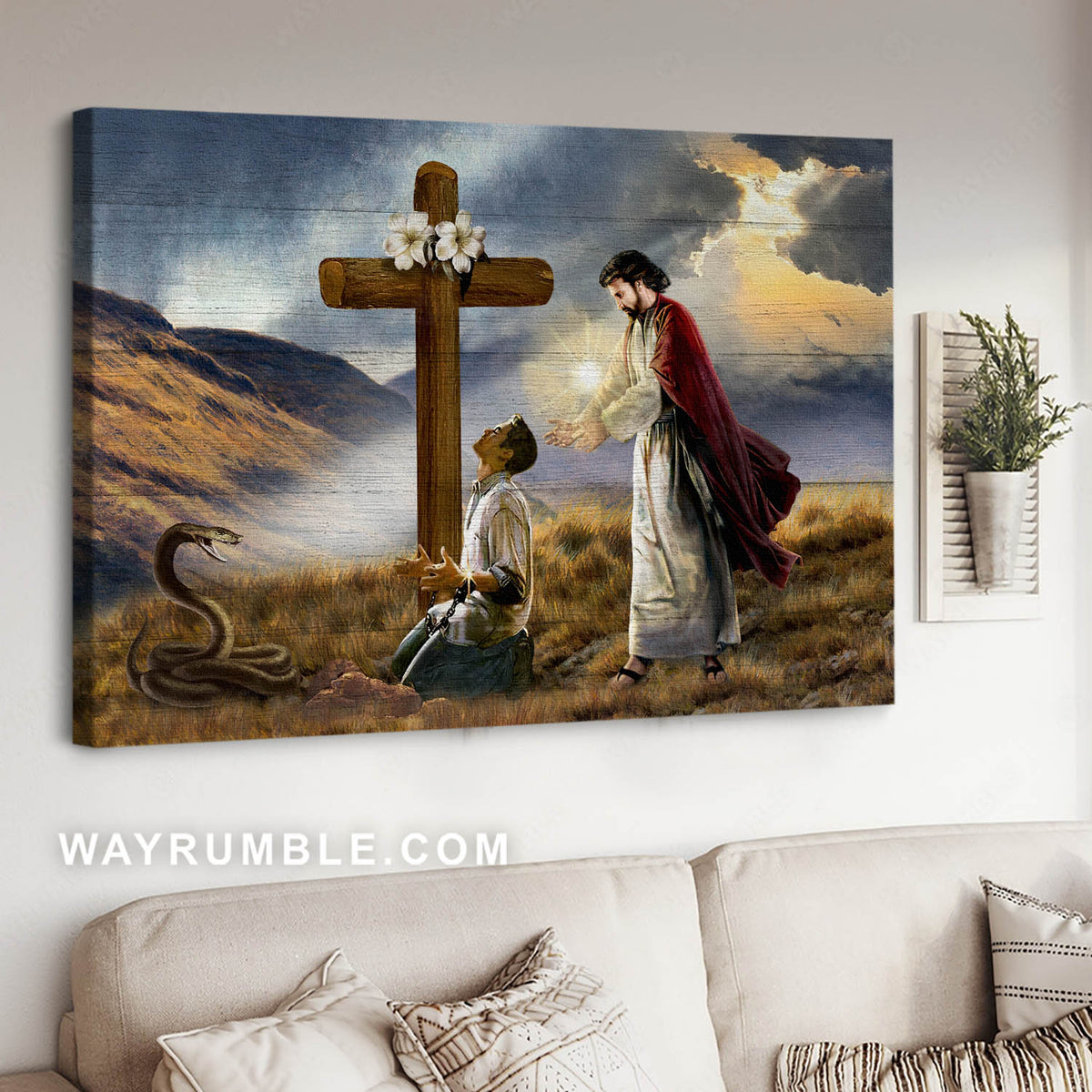 Jesus is the light of the world, Man kneeling, Poisonous snake, Wooden cross - Jesus Landscape Canvas Prints, Christian Wall Art