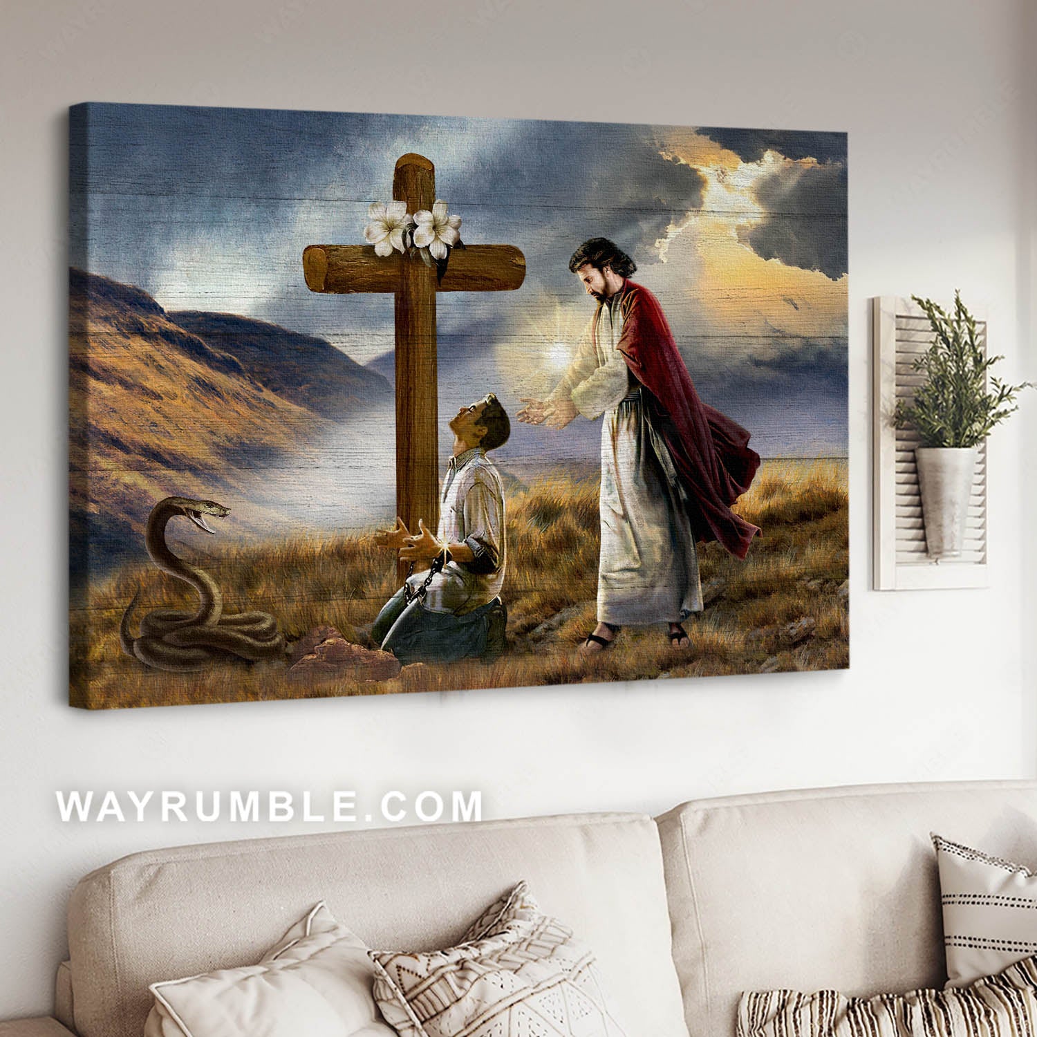 Jesus is the light of the world, Man kneeling, Poisonous snake, Wooden cross - Jesus Landscape Canvas Prints, Christian Wall Art