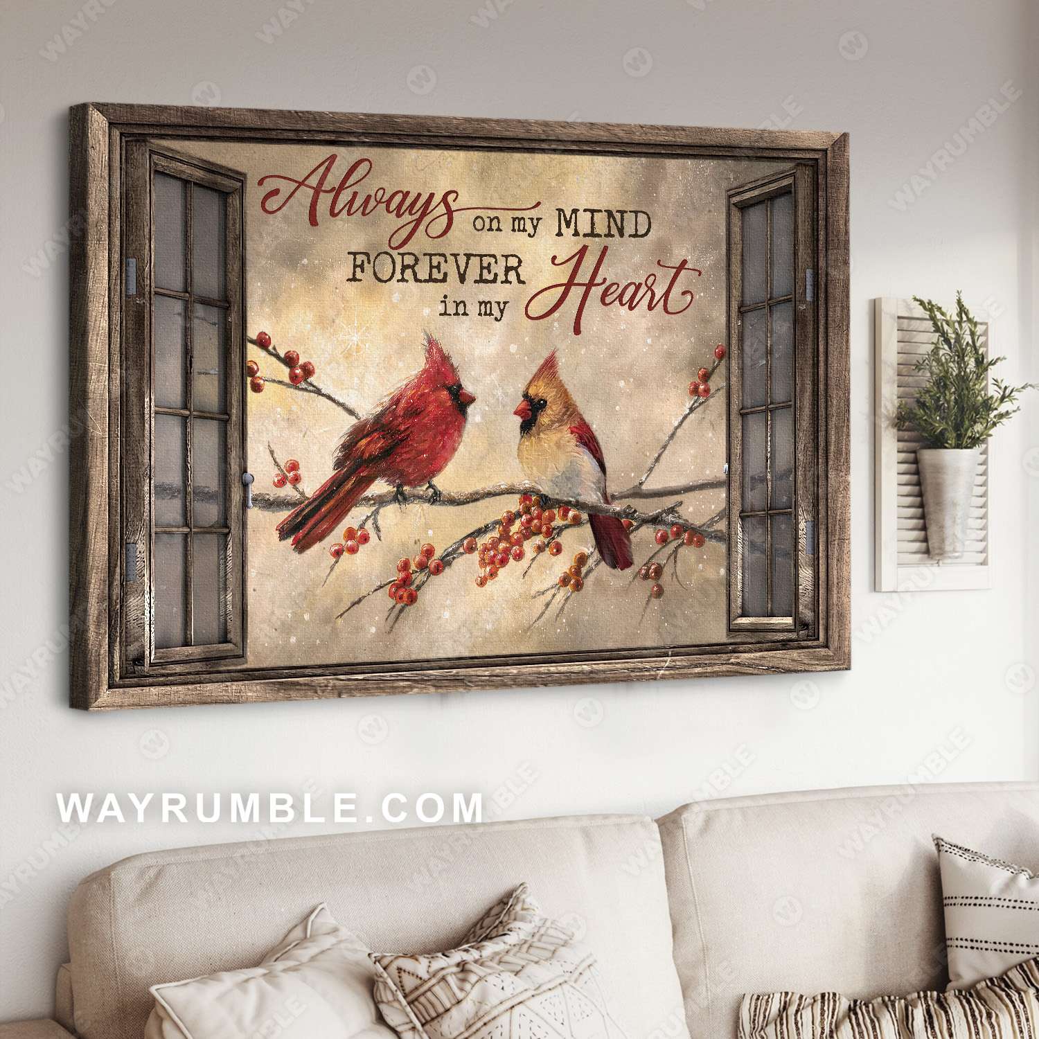 Winter painting, Cardinal couple, Cranberry tree, Always on my mind Forever in my heart - Heaven Landscape Canvas Prints, Wall Art