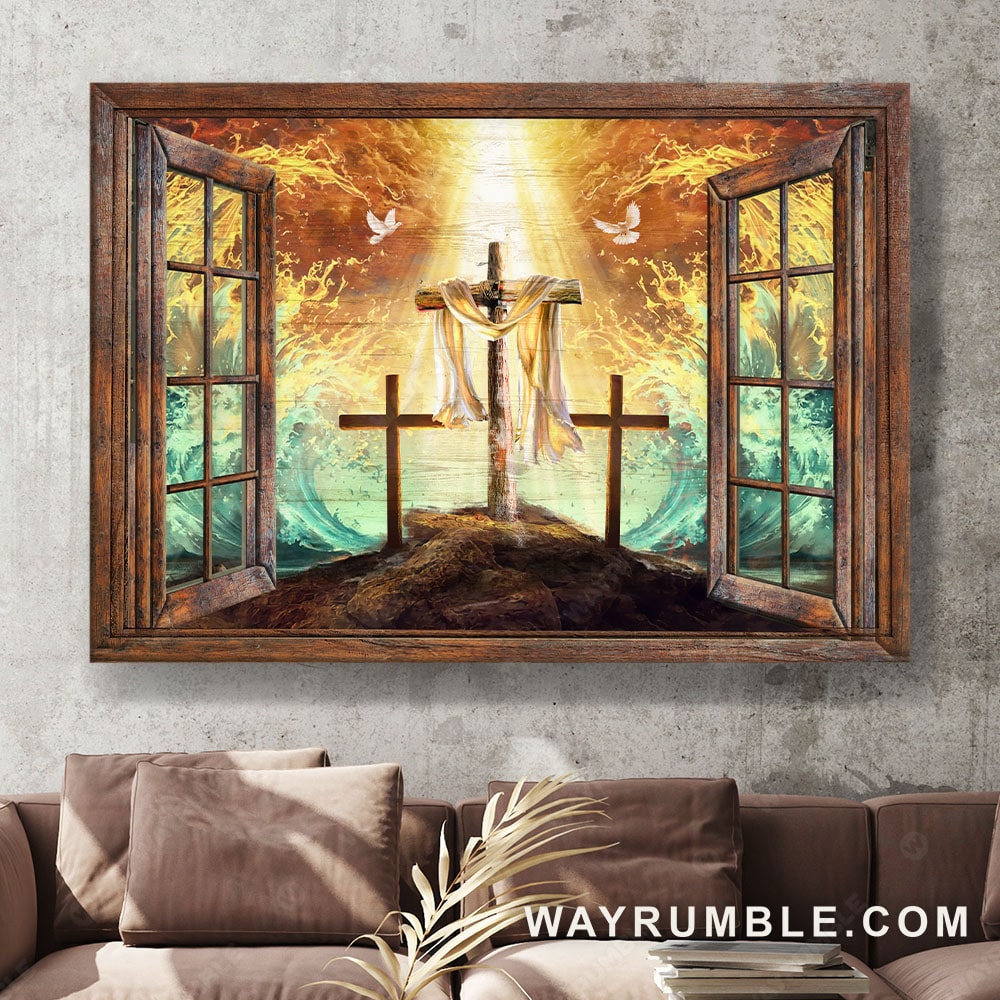 Wooden cross, Halo drawing, White dove, Antique window - Jesus Landscape Canvas Prints, Christian Wall Art