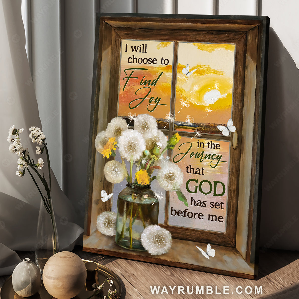 Dandelion vase, Orange sunset, White butterfly, I will choose to find joy - Jesus Portrait Canvas Prints, Home Decor Wall Art