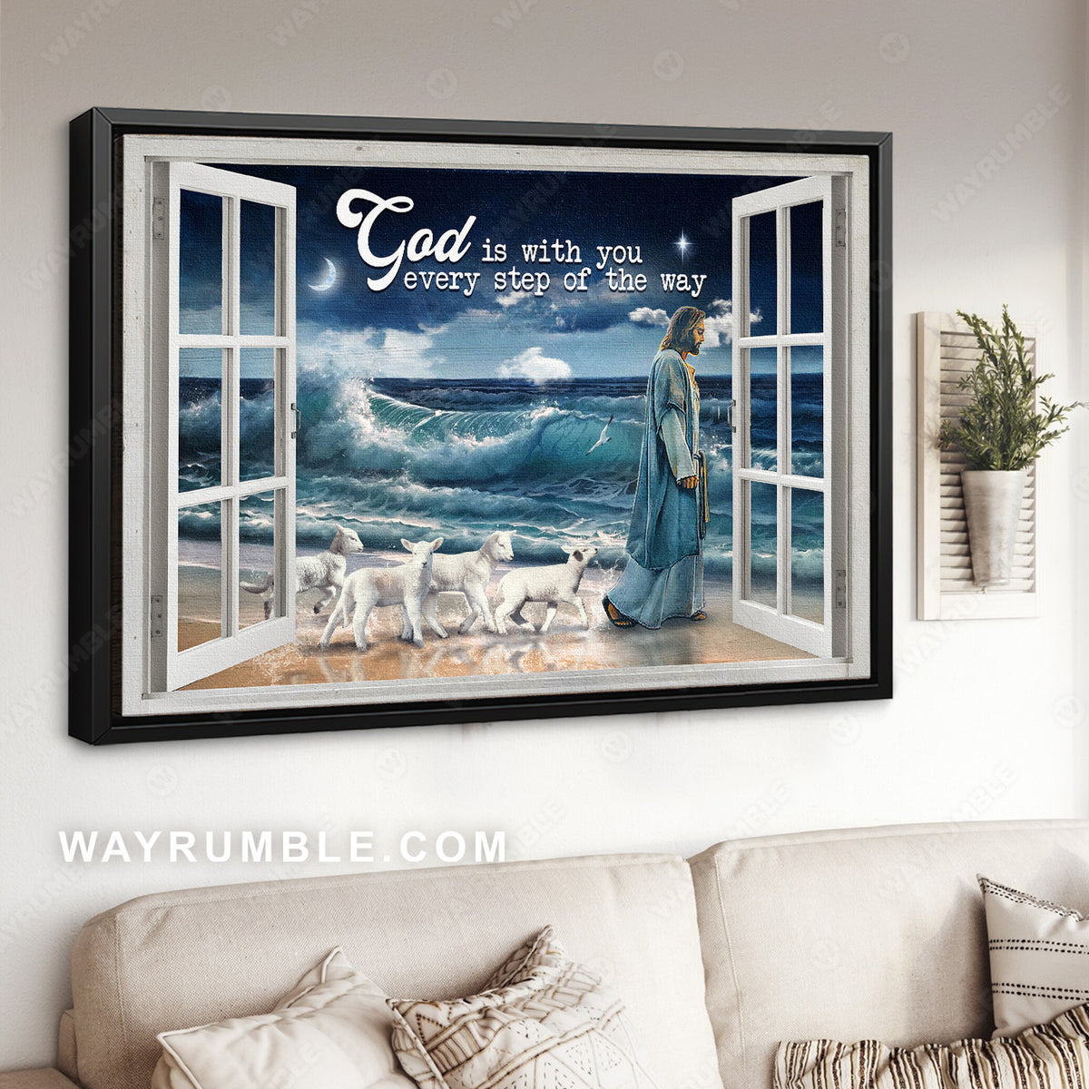 The night beach, Jesus and lambs, God is with you every step of the way - Jesus Landscape Canvas Prints, Christian Wall Art