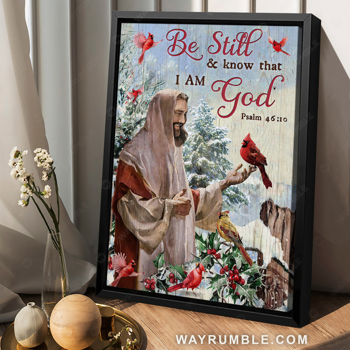 Happy Jesus drawing, Christmas vibe, Cardinal, Be still and know that I am God - Jesus Portrait Canvas Prints, Home Decor Wall Art
