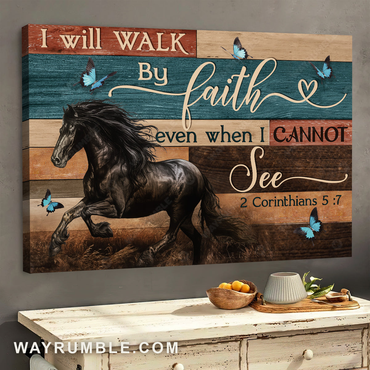 Horse drawing, Black horse, Blue butterfly, I will walk by faith - Jesus Landscape Canvas Prints, Home Decor Wall Art