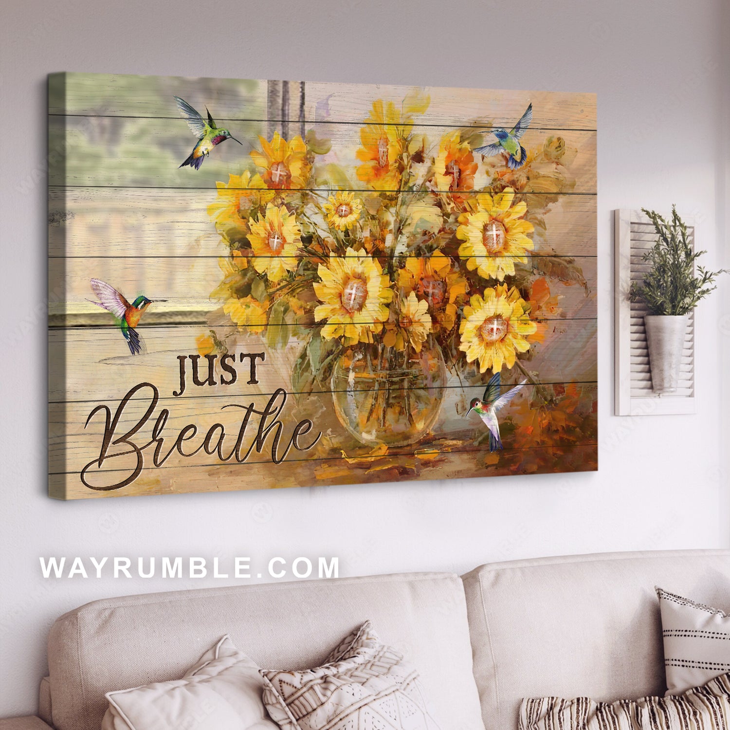 Pretty yellow flower, Unique hummingbird, Watercolor painting, Just breathe - Jesus Landscape Canvas Prints, Home Decor Wall Art