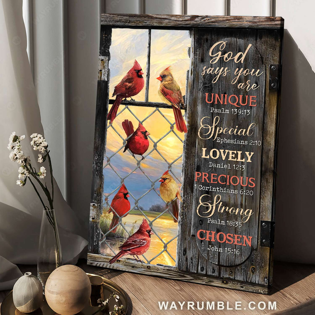 Cardinals drawing, Sunset sky, Wire fence, God says you are unique - Jesus Portrait Canvas Prints, Christian Wall Art