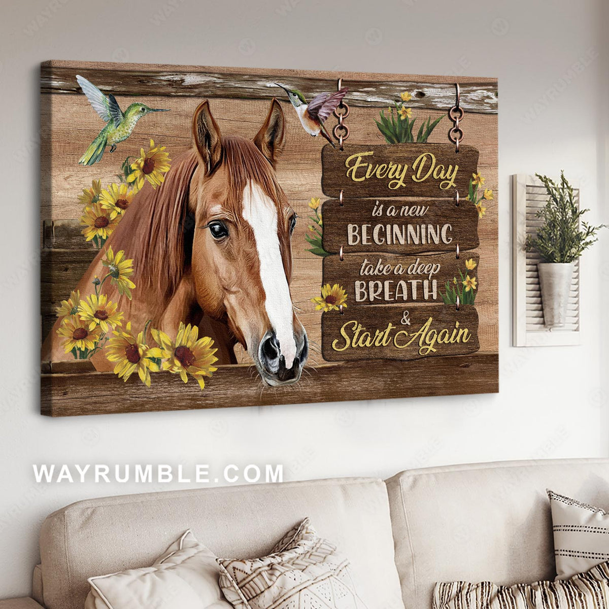 Brown horse, Yellow daisy, Flying hummingbirds, Every day is a new beginning - Jesus Landscape Canvas Prints, Christian Wall Art