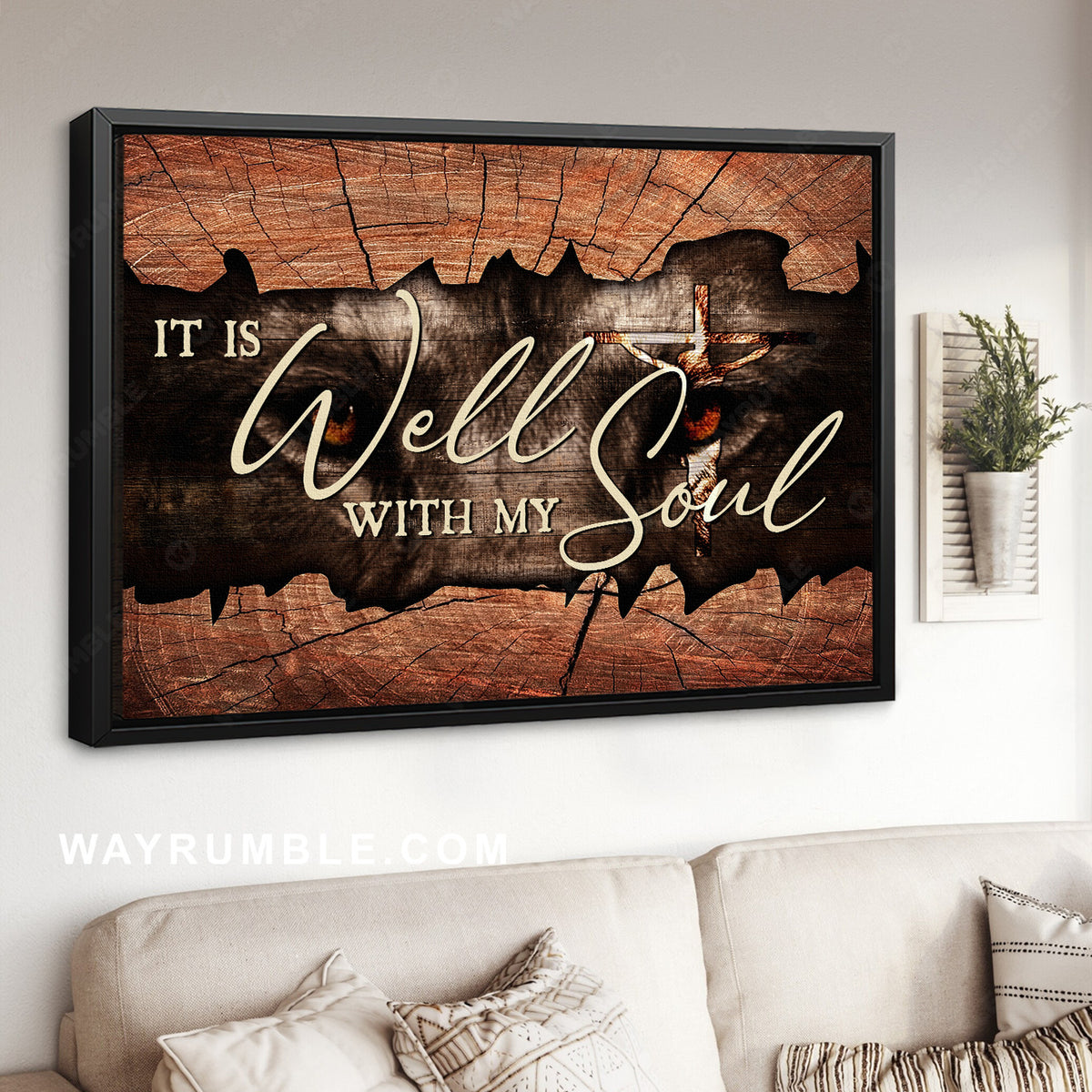 Wooden frame, Jesus on the cross, Lion eyes, It is well with my soul - Jesus Landscape Canvas Prints, Home Decor Wall Art