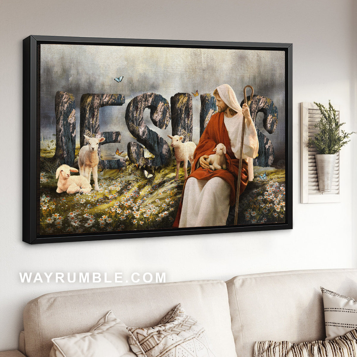 Amazing daisy field, White lamb, Jesus drawing, Jesus - Jesus Landscape Canvas Prints, Home Decor Wall Art