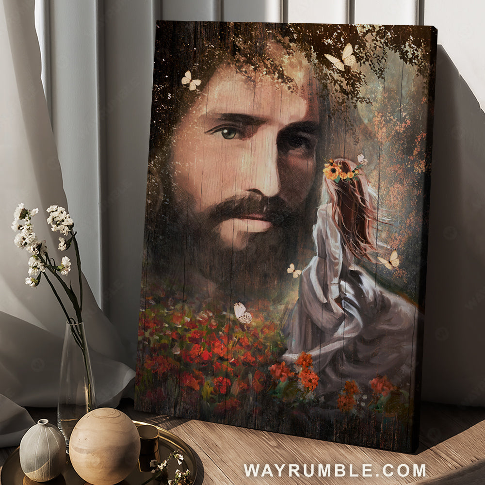 The real face of Jesus, Pretty girl, Red flower garden, Flower wreath - Jesus Portrait Canvas Prints, Christian Wall Art