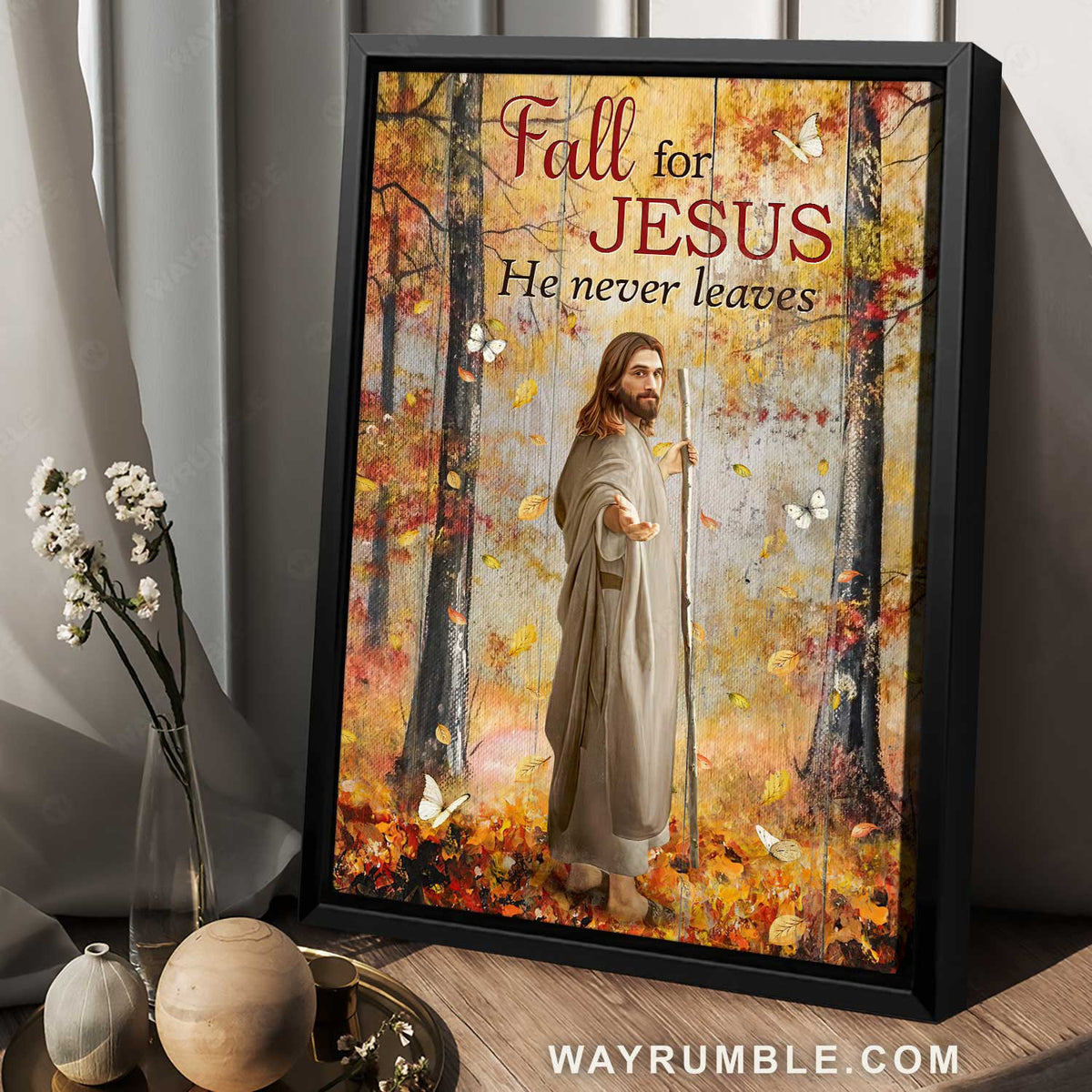 Walking with Jesus, Jesus calls, Autumn forest, Fall for Jesus, He never leaves - Jesus Portrait Canvas Prints, Home Decor Wall Art