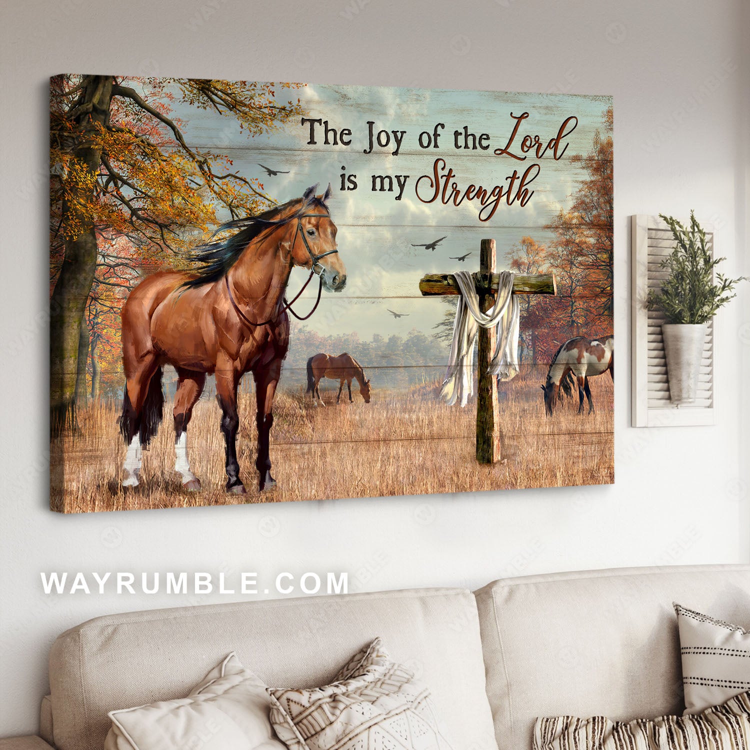 Horses drawing, Wooden cross, Tropical grassland, The joy of the Lord - Jesus Landscape Canvas Prints, Christian Wall Art