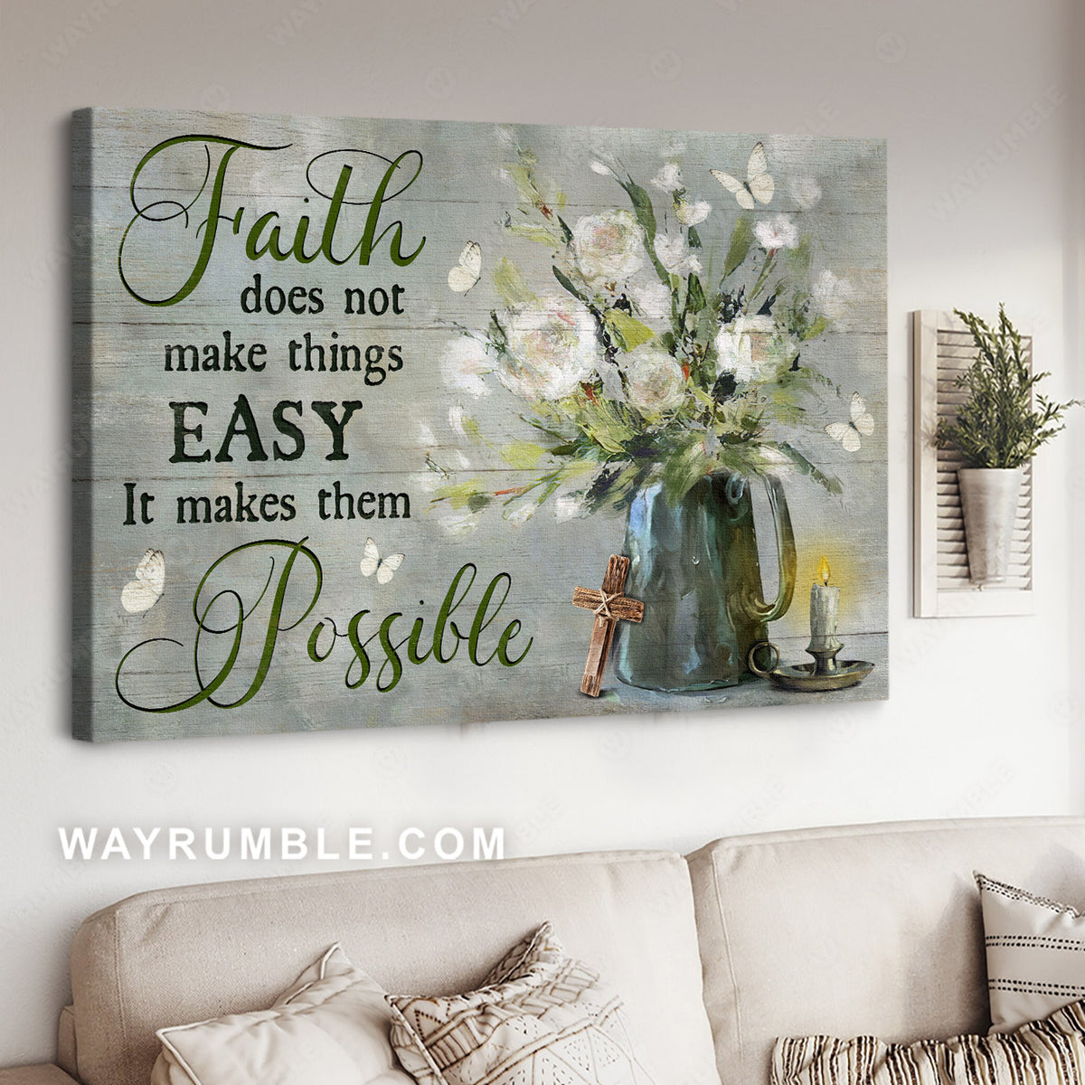 White peony, Small cross, Light candle, Faith does not make things easy - Jesus Landscape Canvas Prints, Christian Wall Art