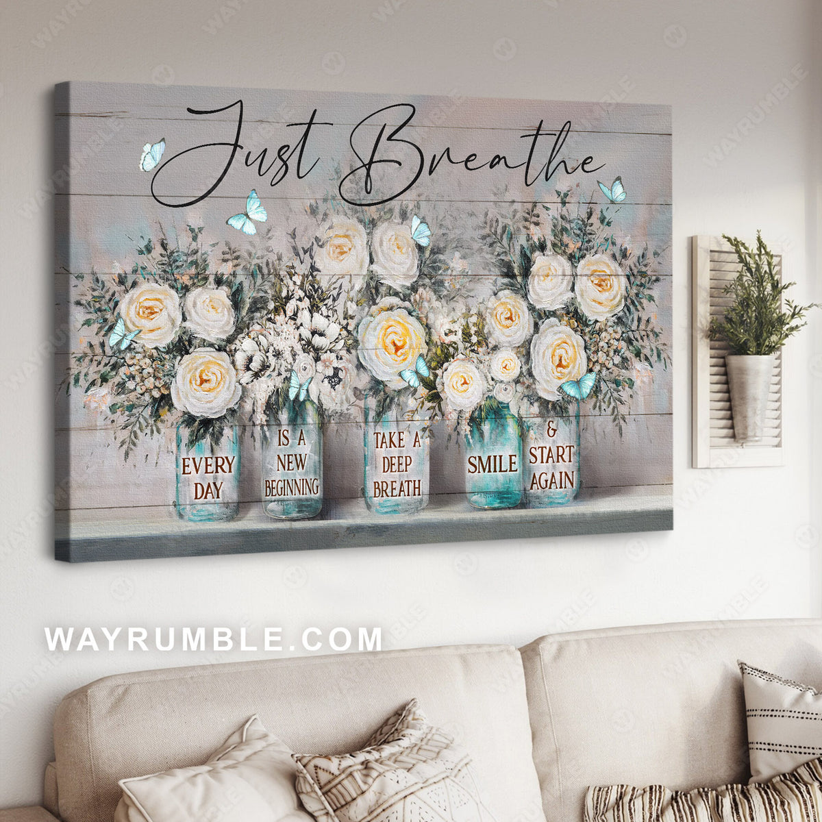 Flowers painting, White rose, Glass jars, Just breathe - Jesus Landscape Canvas Prints, Christian Wall Art
