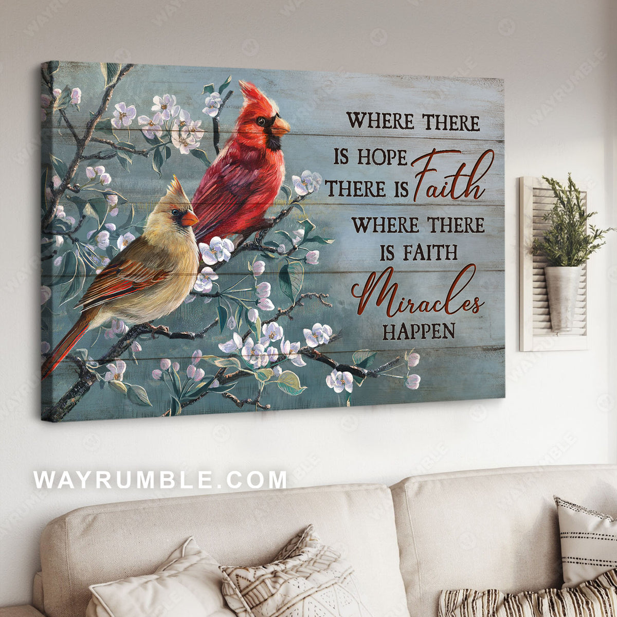 Northern cardinal, Tree branch, Where there is hope, There is faith - Jesus Landscape Canvas Prints, Christian Wall Art